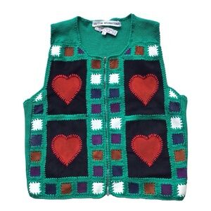 Halston Heritage RARE Vtg 70s Leather Patchwork Crochet Wool Zip Sweater Vest